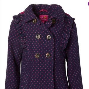 Navy and Pink dot ruffle hooded Pea Coat child size 14/16